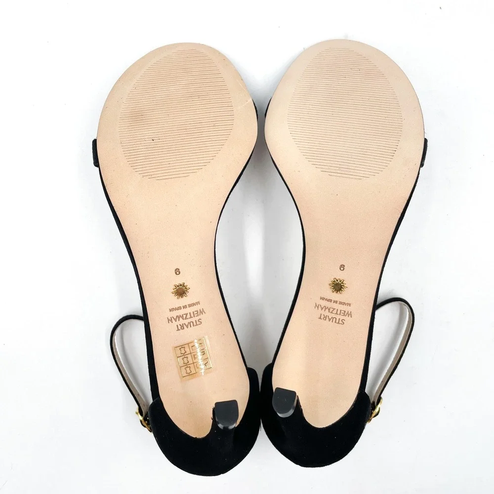 Stuart Weitzman NunakedStraight Black Suede Sandals‎ Ankle Strap High Heel Sz 9